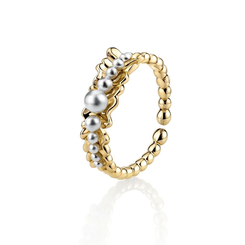 Gold Plated Adjustable Ring with Synthetic Pearls – Sizes 9