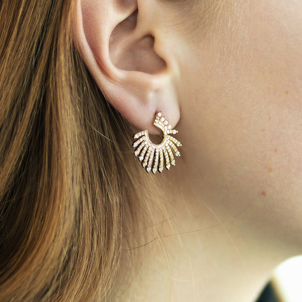 Gold Plated CZ Fan Stud Earrings, Sterling Silver Post, 2 cm