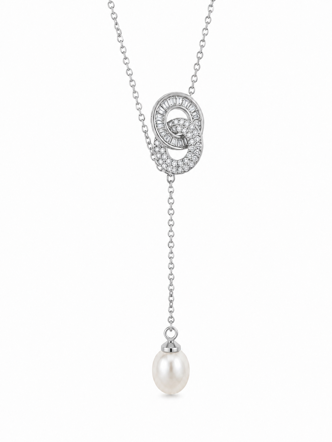 Interlocking Oval CZ & Faux Pearl Drop Necklace – Gold Plated or Sterling Silver, Hypoallergenic