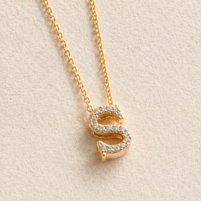 Personalized Initial Letter Necklace in 925 Sterling Silver | Gold Plated CZ Alphabet Pendant | 40+5 cm