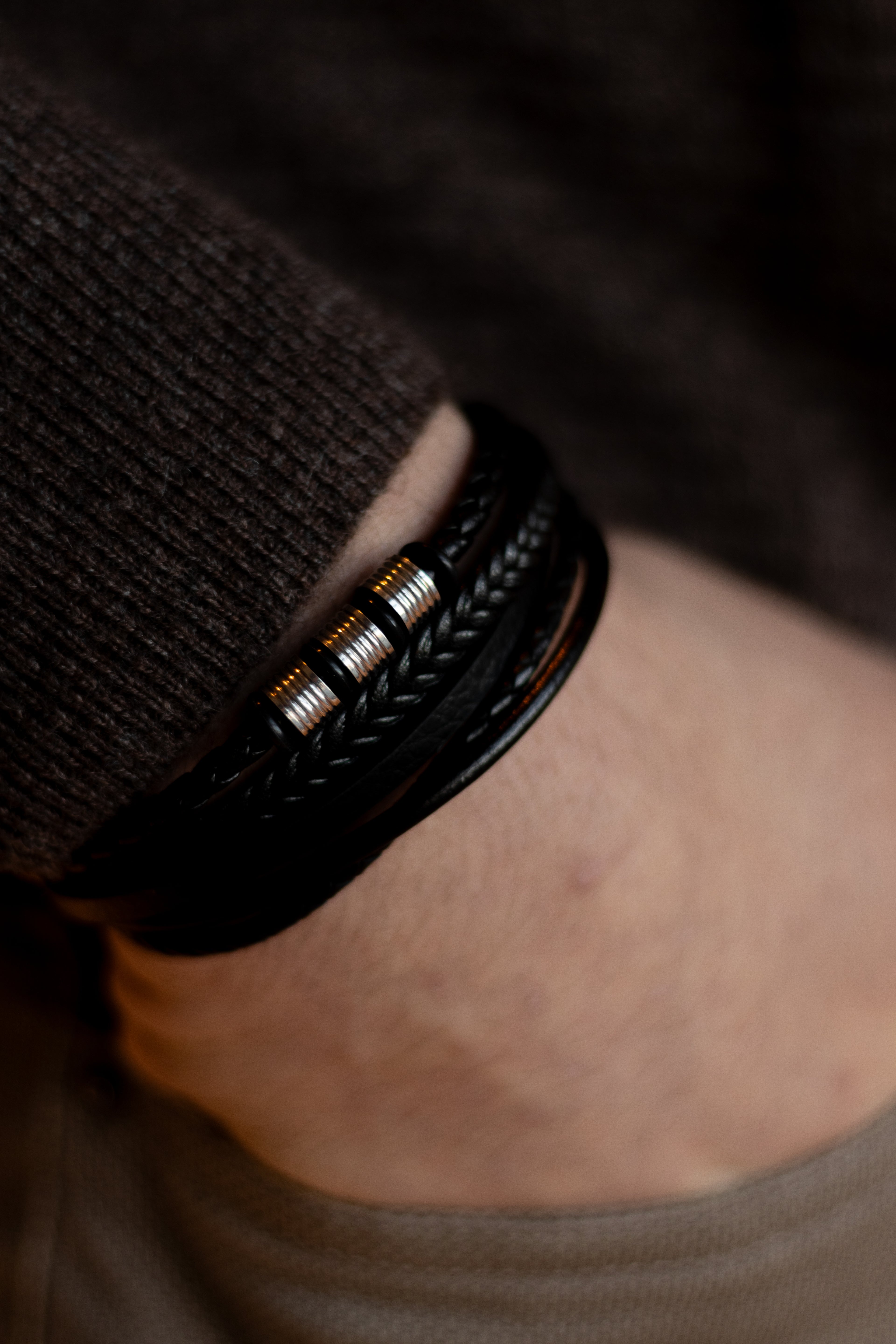 Men’s Leather Bracelet with Gold or Silver Stainless Steel Details