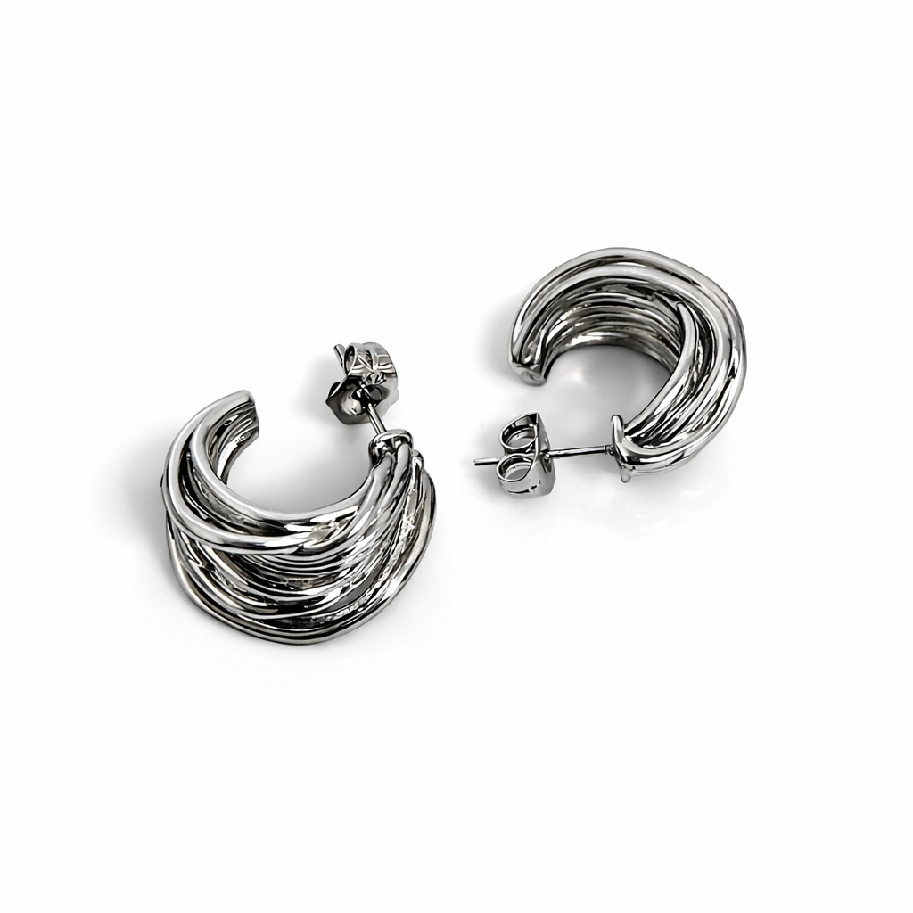 Rhodium Plated Textured Hoop Earrings with Sterling Silver Post