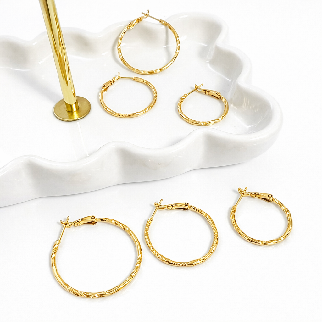 Gold Plated Hoop Earrings 3 cm, Textured Lightweight Hoops