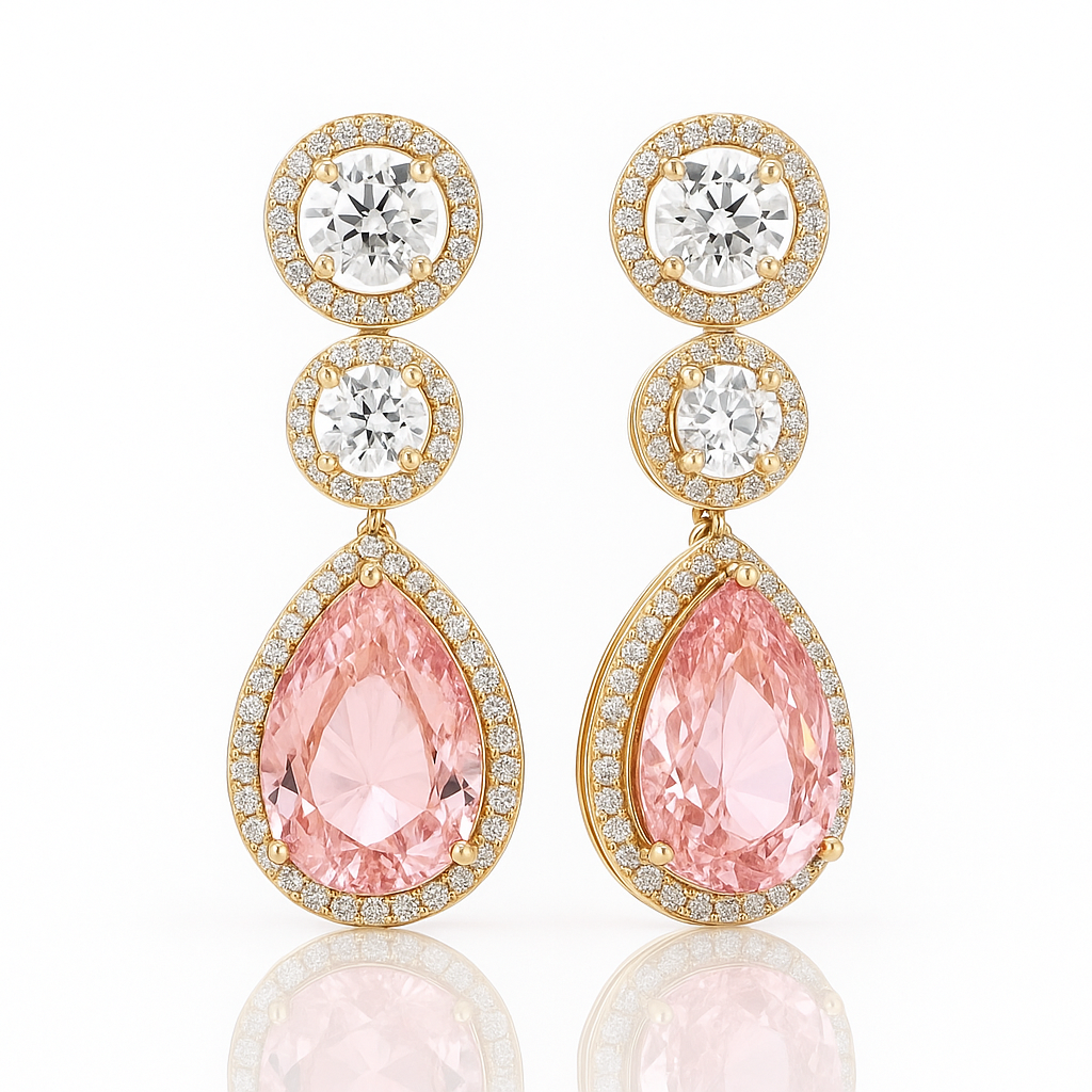 Gold Plated Drop Earrings with Pink Crystal & CZ – Dangle Design
