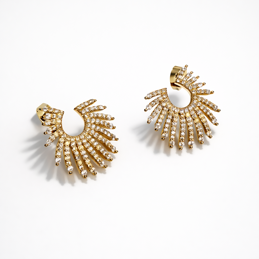 Gold Plated CZ Fan Stud Earrings, Sterling Silver Post, 2 cm