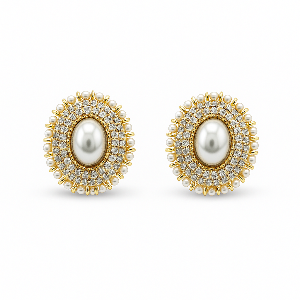 Gold Plated Oval Clip-On Earrings with Faux Pearl & CZ Accents