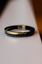 Men’s Black Leather Bracelet with Gold-Tone Stainless Steel Accents, 21 cm