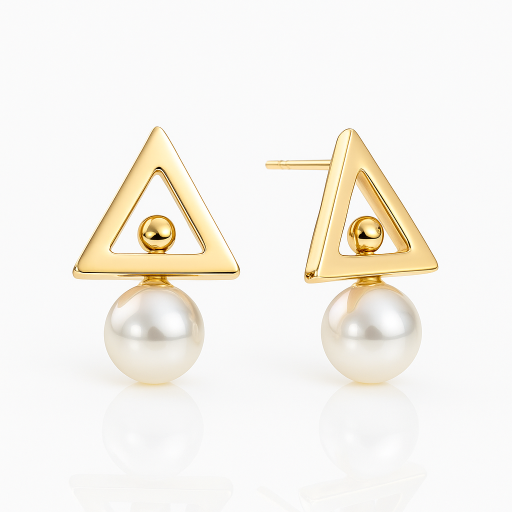 Rose Gold Plated Geometric Stud Earrings with Pearl, 3 cm