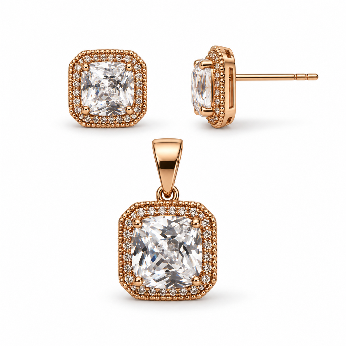 Rose Gold Plated Square CZ Jewelry Set – Stud Earrings & Pendant