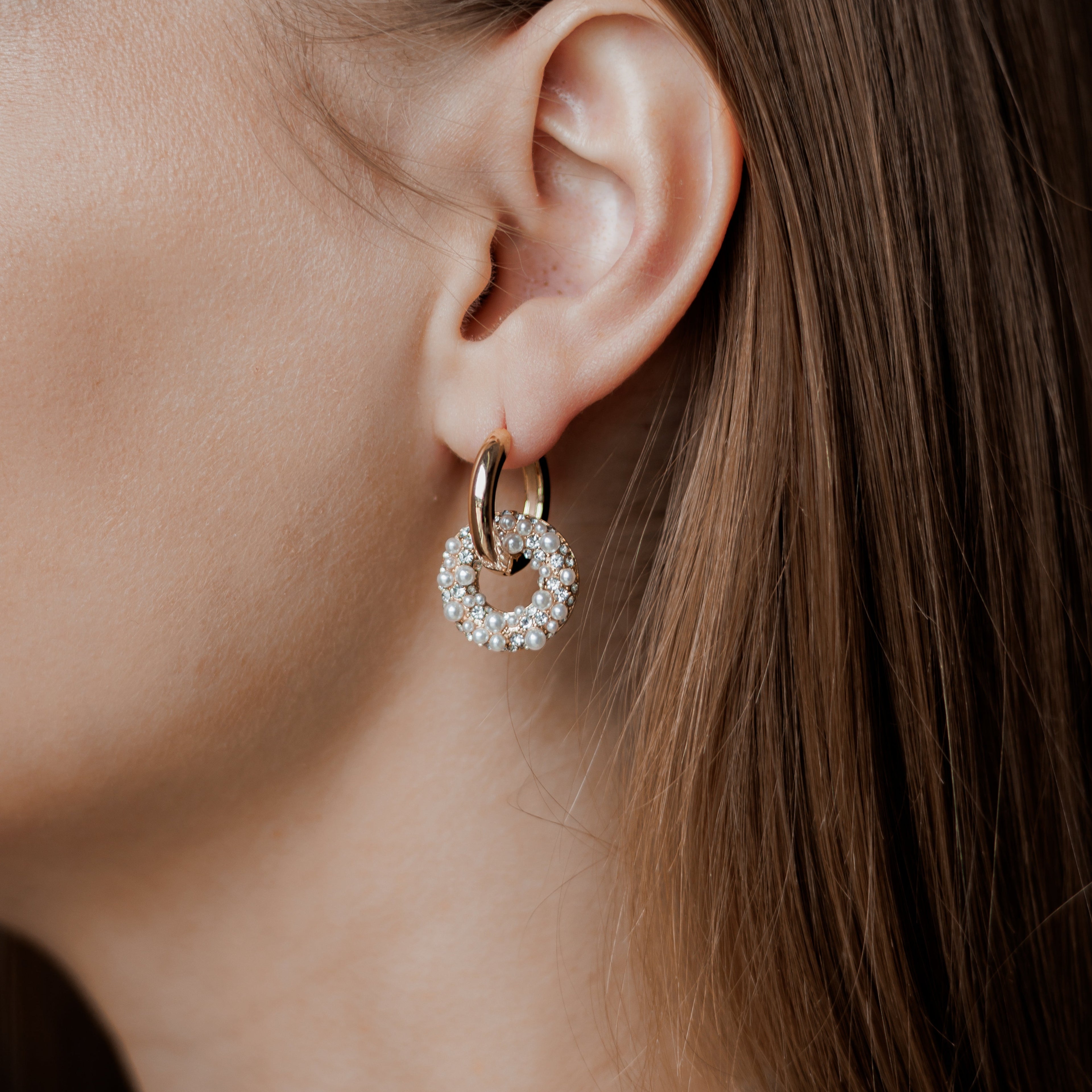 Gold Plated Hoop Earrings with Pearl Pendant, 2.7 cm