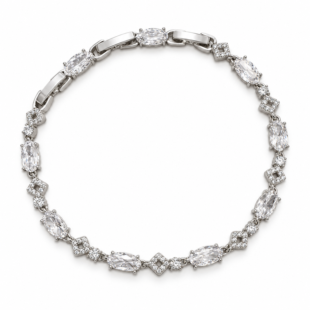 Oval CZ Geometric Link Bracelet – White Gold Plated Brass, 4 mm