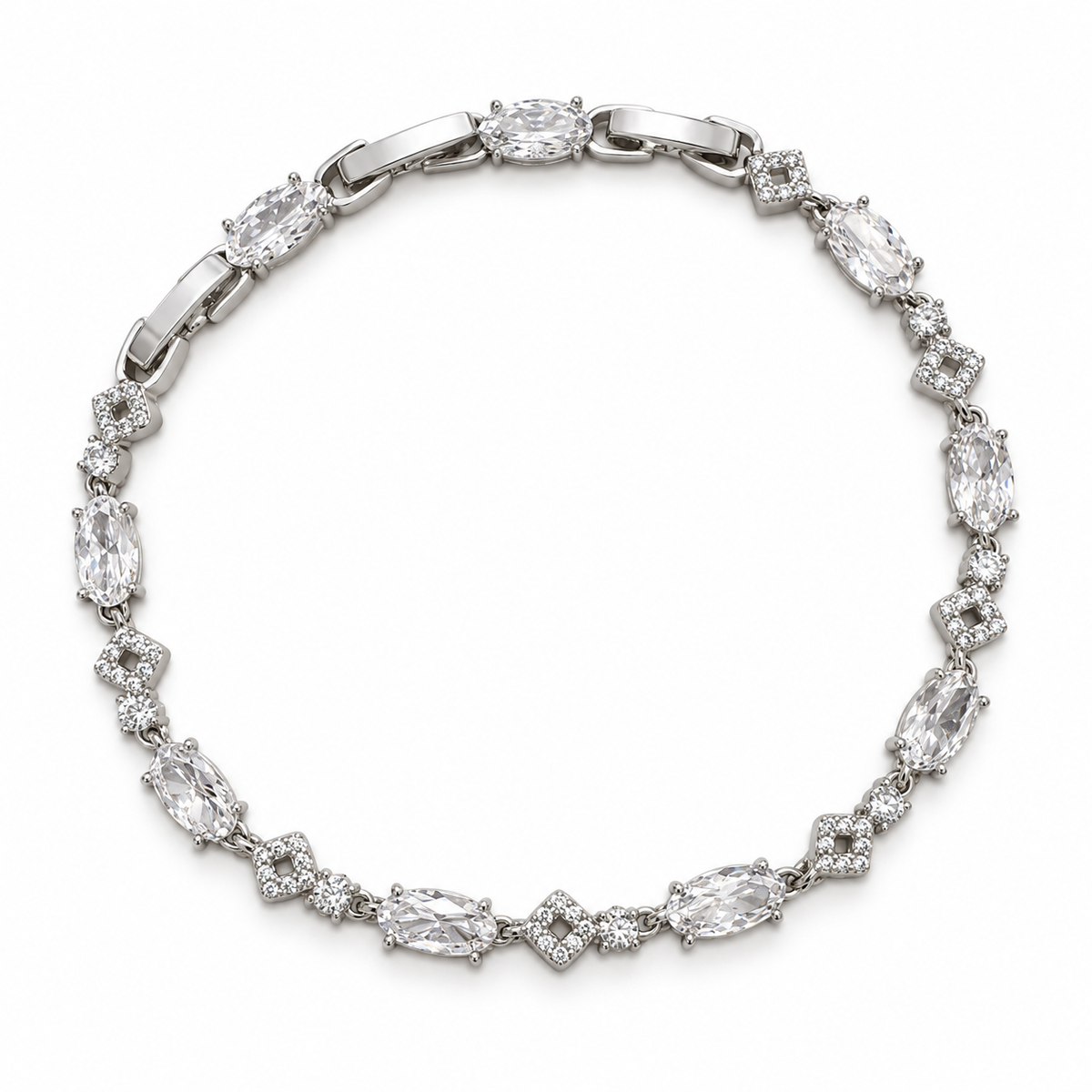 Oval CZ Geometric Link Bracelet – White Gold Plated Brass, 4 mm