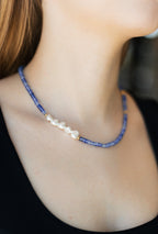 Blue Beaded Necklace with Baroque Pearl | Gold Plated Stainless Steel Clasp