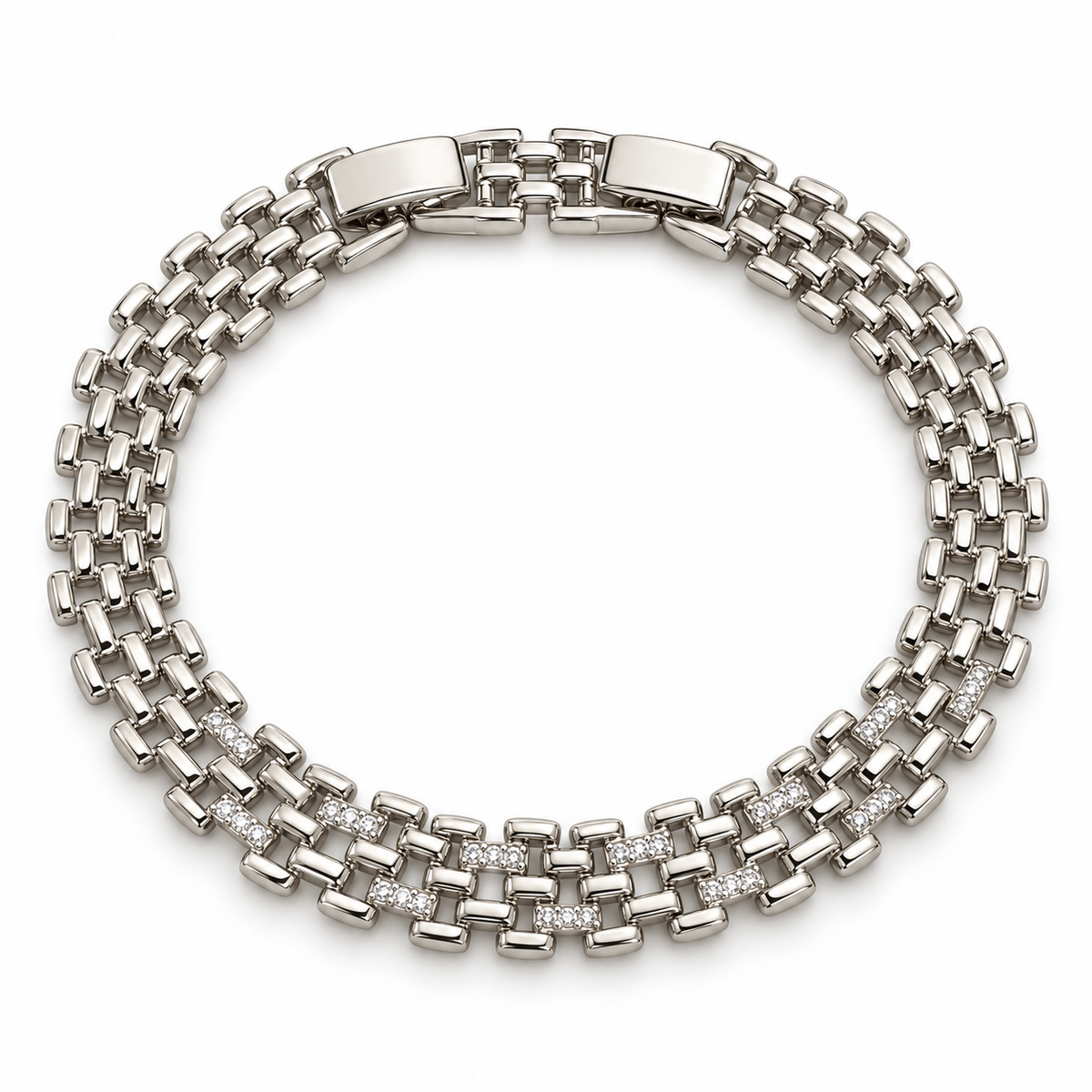 Woven Link CZ Bracelet – White Gold Plated Brass, 9 mm