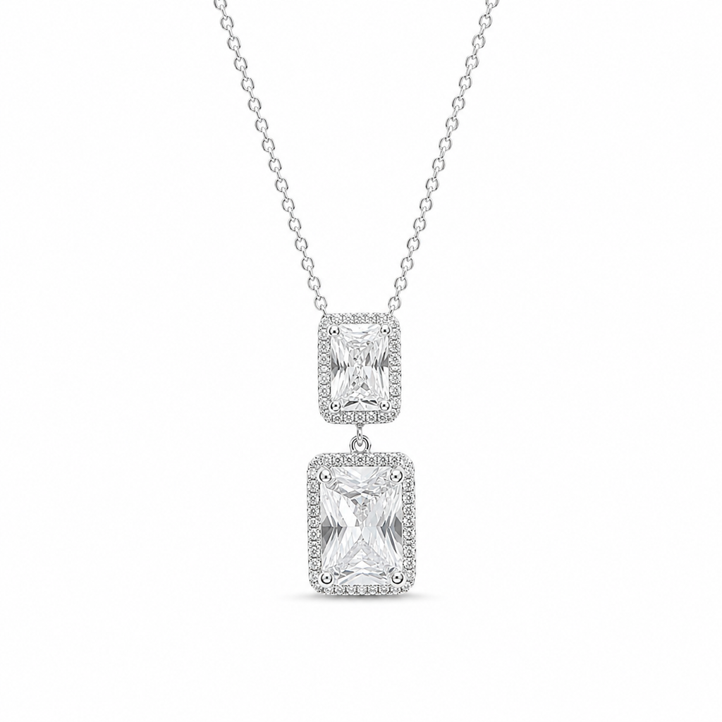 Double Rectangle CZ Pendant Necklace for Women – Gold or Silver Plated, Cubic Zirconia, Adjustable Chain 40+5 cm