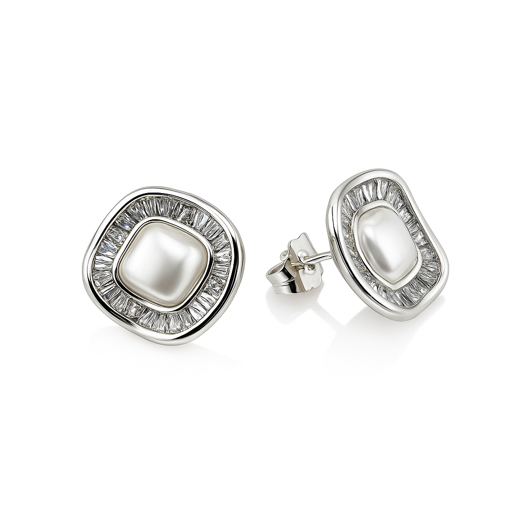 Rhodium Plated Pearl & CZ Stud Earrings – 1.5 cm Square Design by Sedy Jewelry