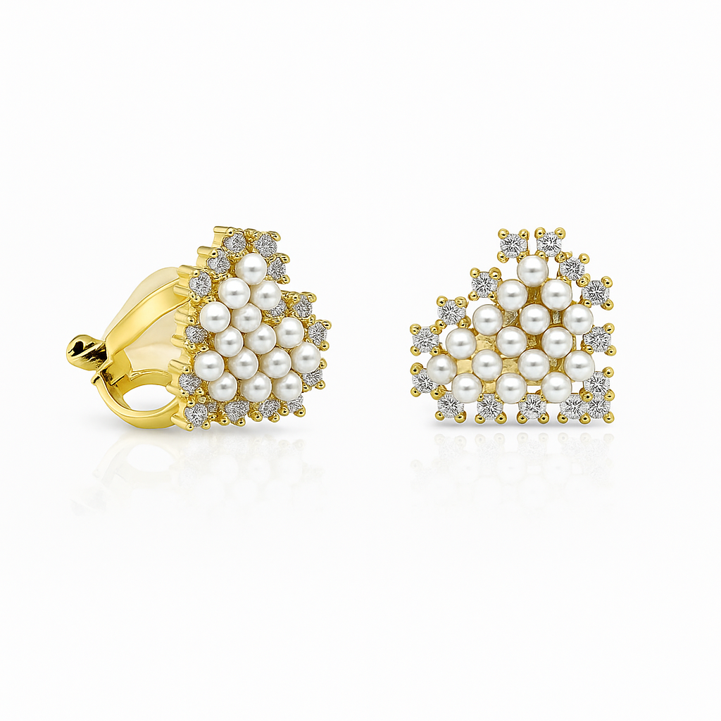 Gold Plated Heart Clip-On Earrings with CZ & Faux Pearls