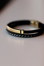 Men’s Black Leather Bracelet with Gold-Tone Stainless Steel Accents, 21 cm