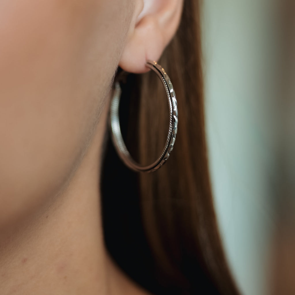 Silver Rhodium Plated Textured Hoop Earrings 4 cm / 1.57 in