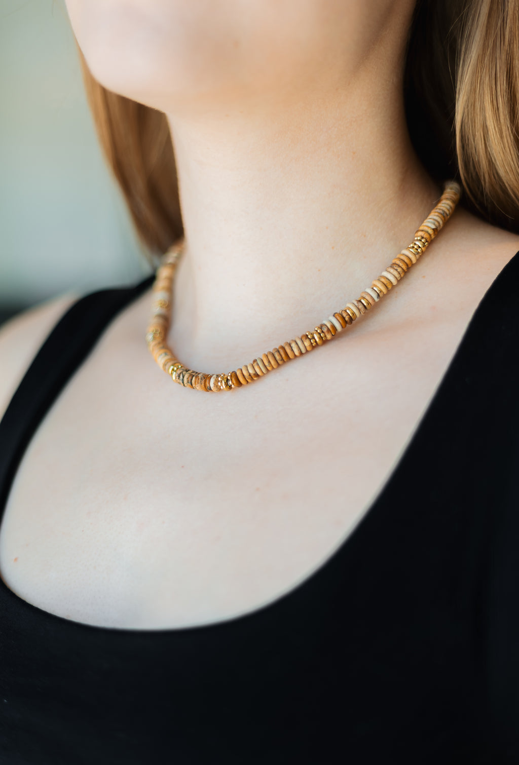 Natural Stone Beaded Necklace with Gold Plated Stainless Steel Accents