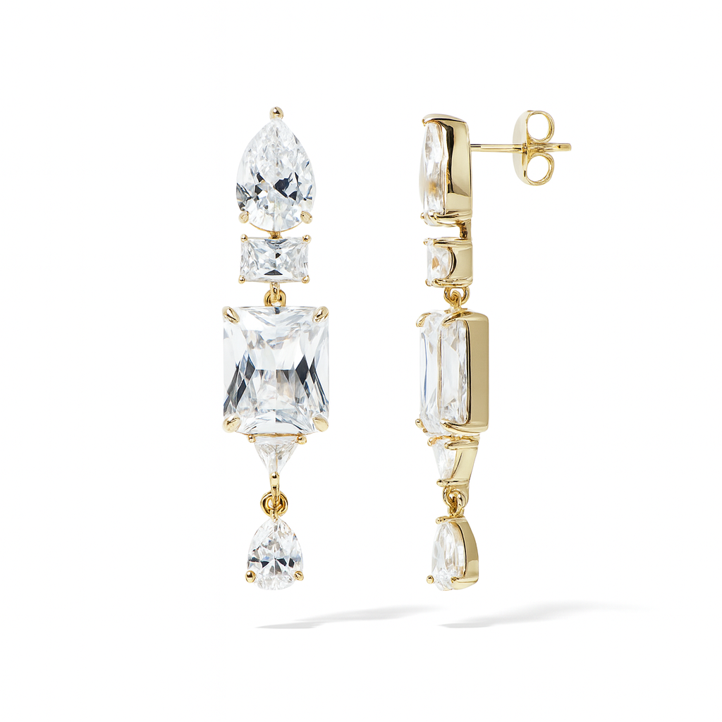 Long Cubic Zirconia Drop Earrings, Gold Plated or White Gold Plated, 5 cm