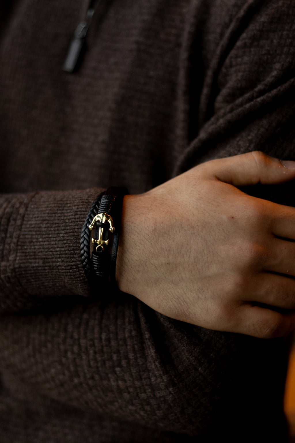 Men’s Leather Bracelet with Gold-Tone Stainless Steel Details
