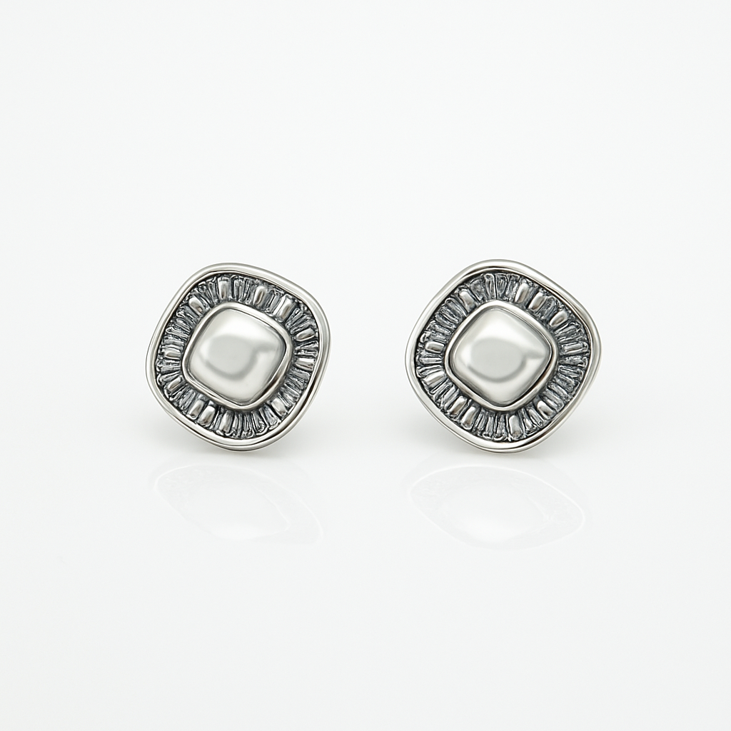 Rhodium Plated Pearl & CZ Stud Earrings – 1.5 cm Square Design by Sedy Jewelry