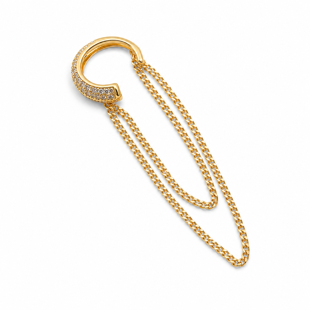 Gold Plated Ear Cuff with Double Chain – No Piercing, Hypoallergenic, Non Tarnish