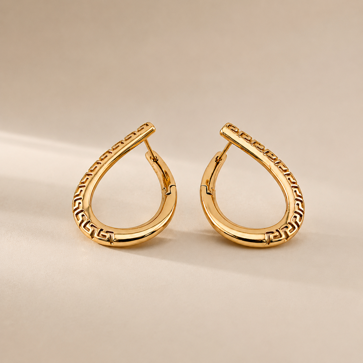 Rose Gold Plated Greek Key Hoop Earrings 30 mm | Oval Hoop Earrings | Hypoallergenic