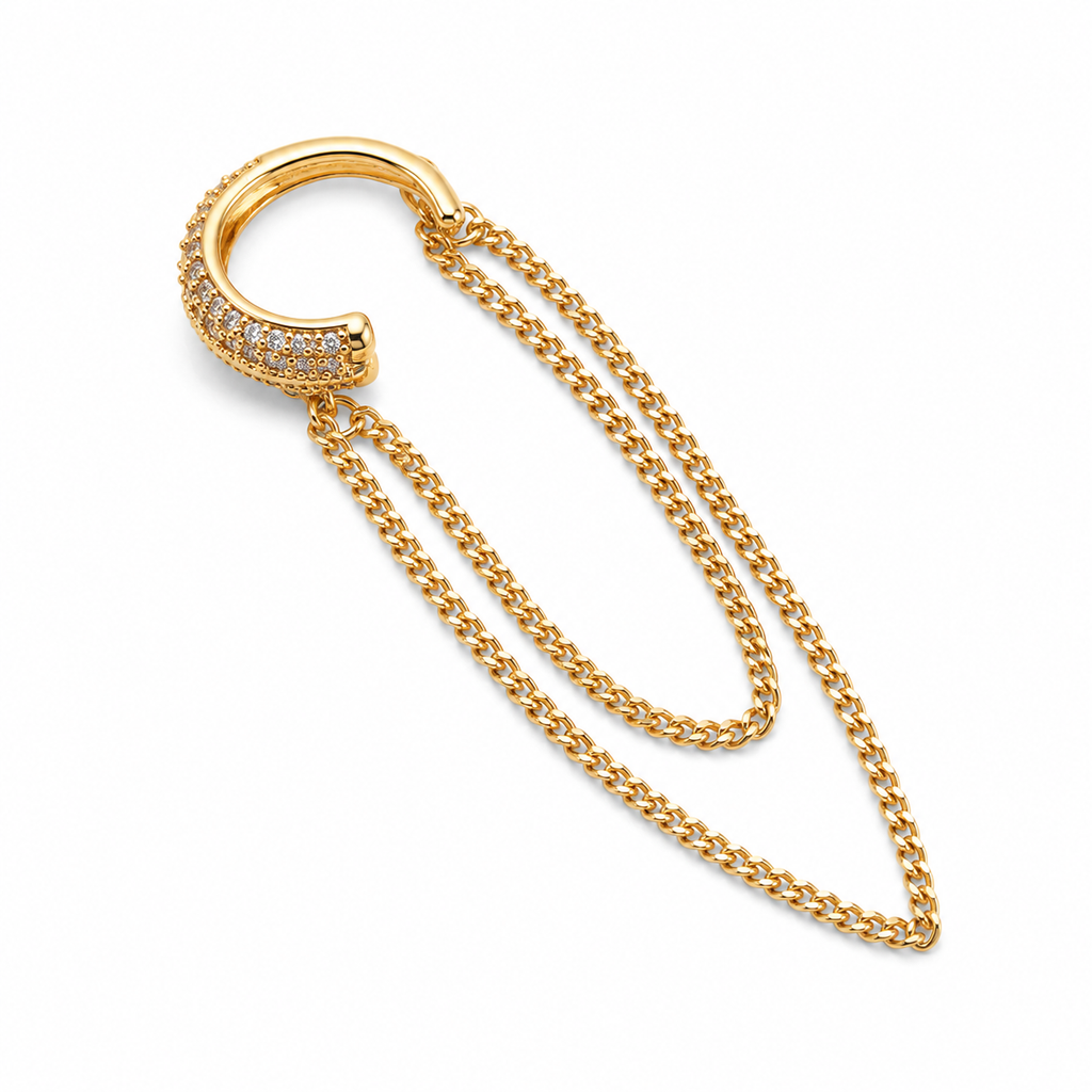 Gold Plated Ear Cuff with Double Chain – No Piercing, Hypoallergenic, Non Tarnish