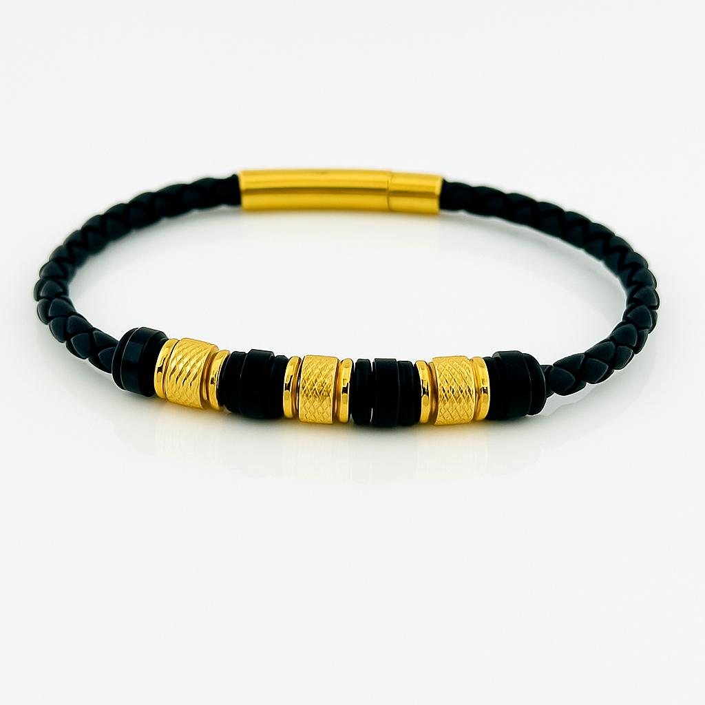 Men’s Black Leather Bracelet with Gold-Tone Stainless Steel Accents and Black Beads, 21 cm