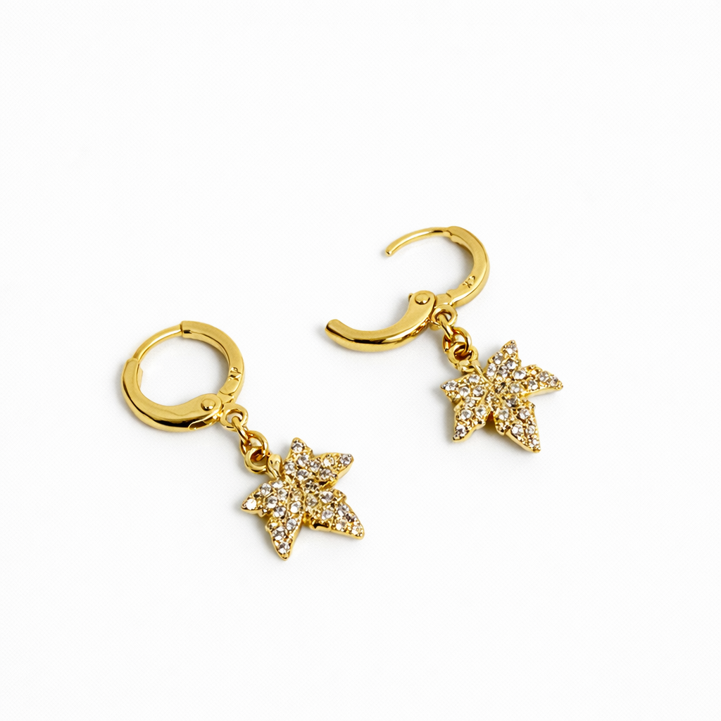 Gold Plated CZ Leaf Drop Hoop Earrings, 3 cm