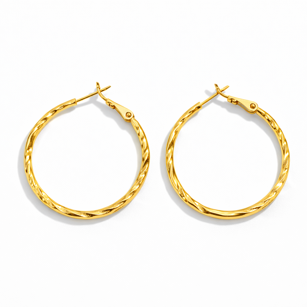 Gold Plated Hoop Earrings 3 cm, Textured Lightweight Hoops