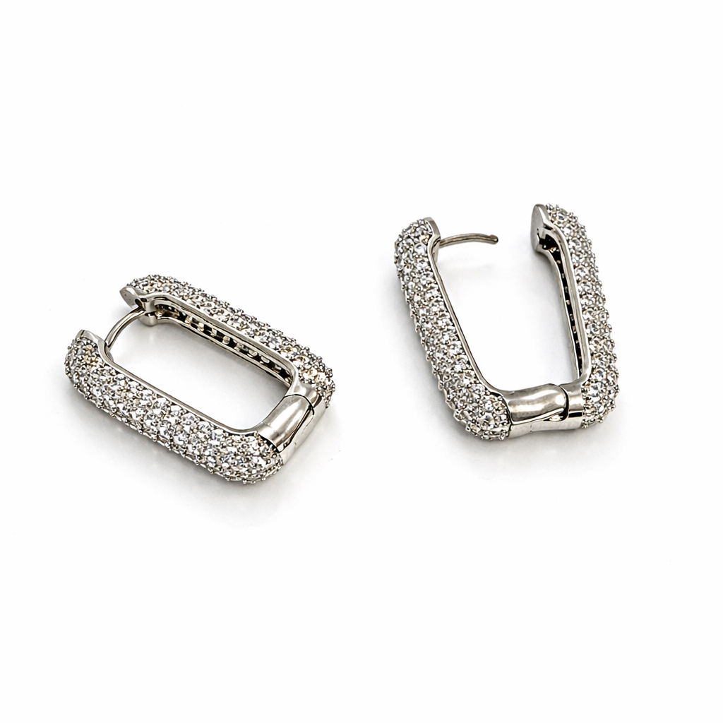 Geometric rectangular hoop earrings with cubic zirconia stones gold plated and silver tone statement earrings
