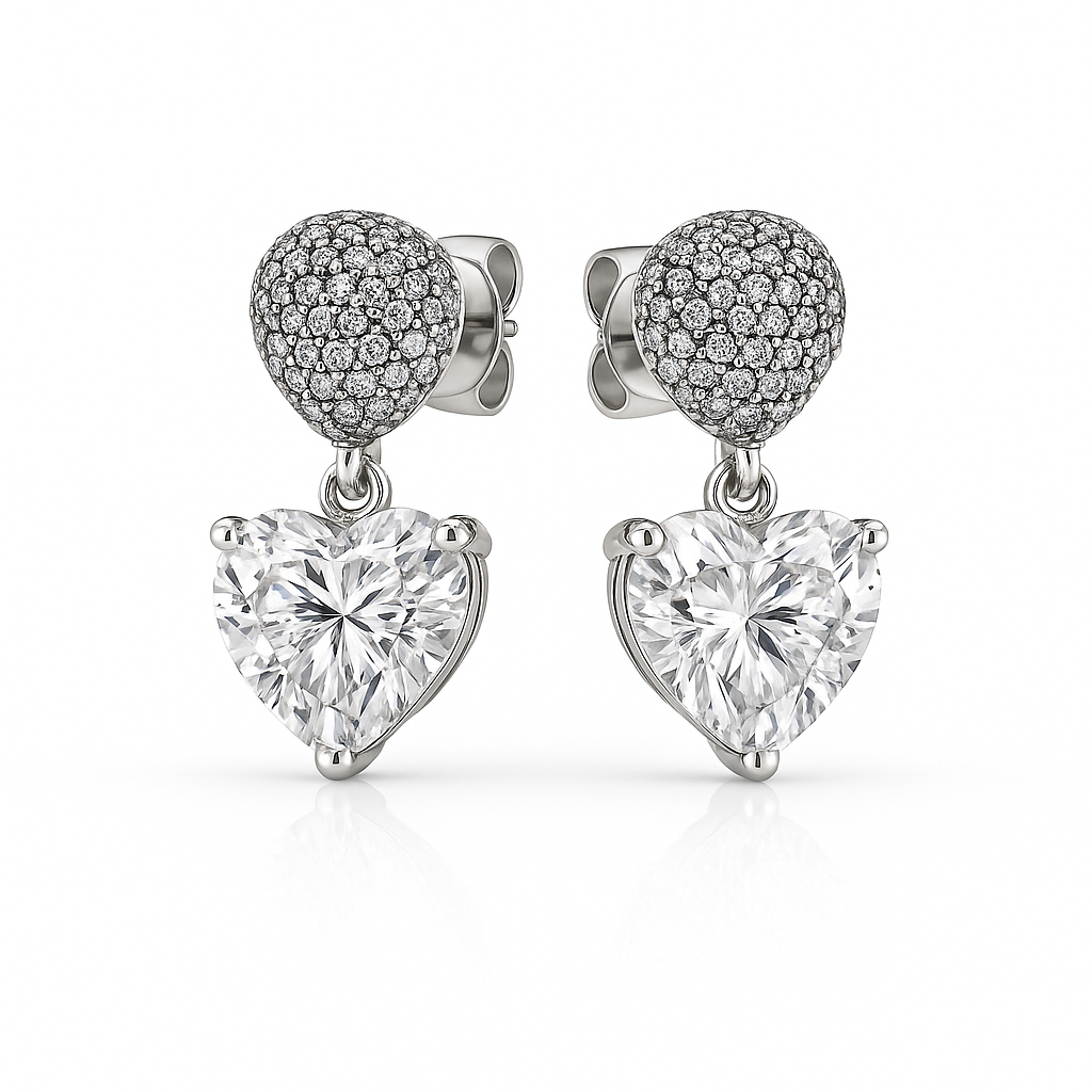 Heart Drop Stud Earrings with White Gold Plating & Cubic Zirconia