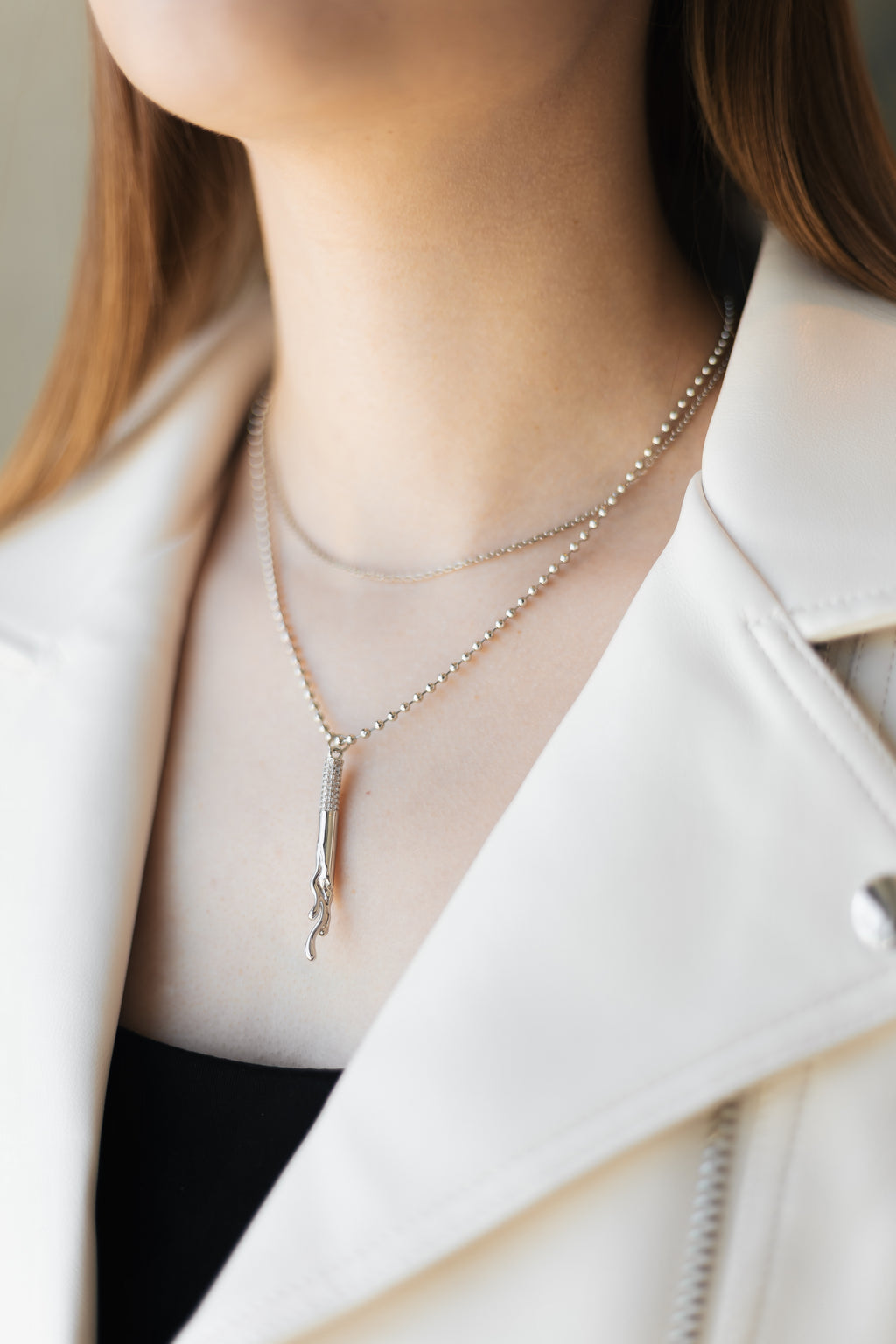 White Gold Plated Layered Necklace with Crystal Pendant – Double Layer Hypoallergenic Necklace 36 cm + 45+5 cm