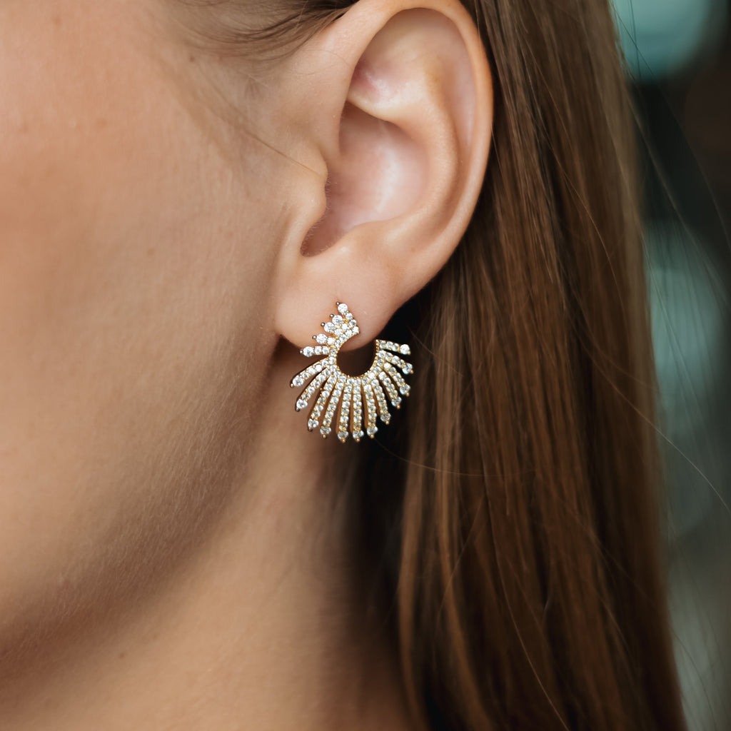 Gold Plated CZ Fan Stud Earrings, Sterling Silver Post, 2 cm
