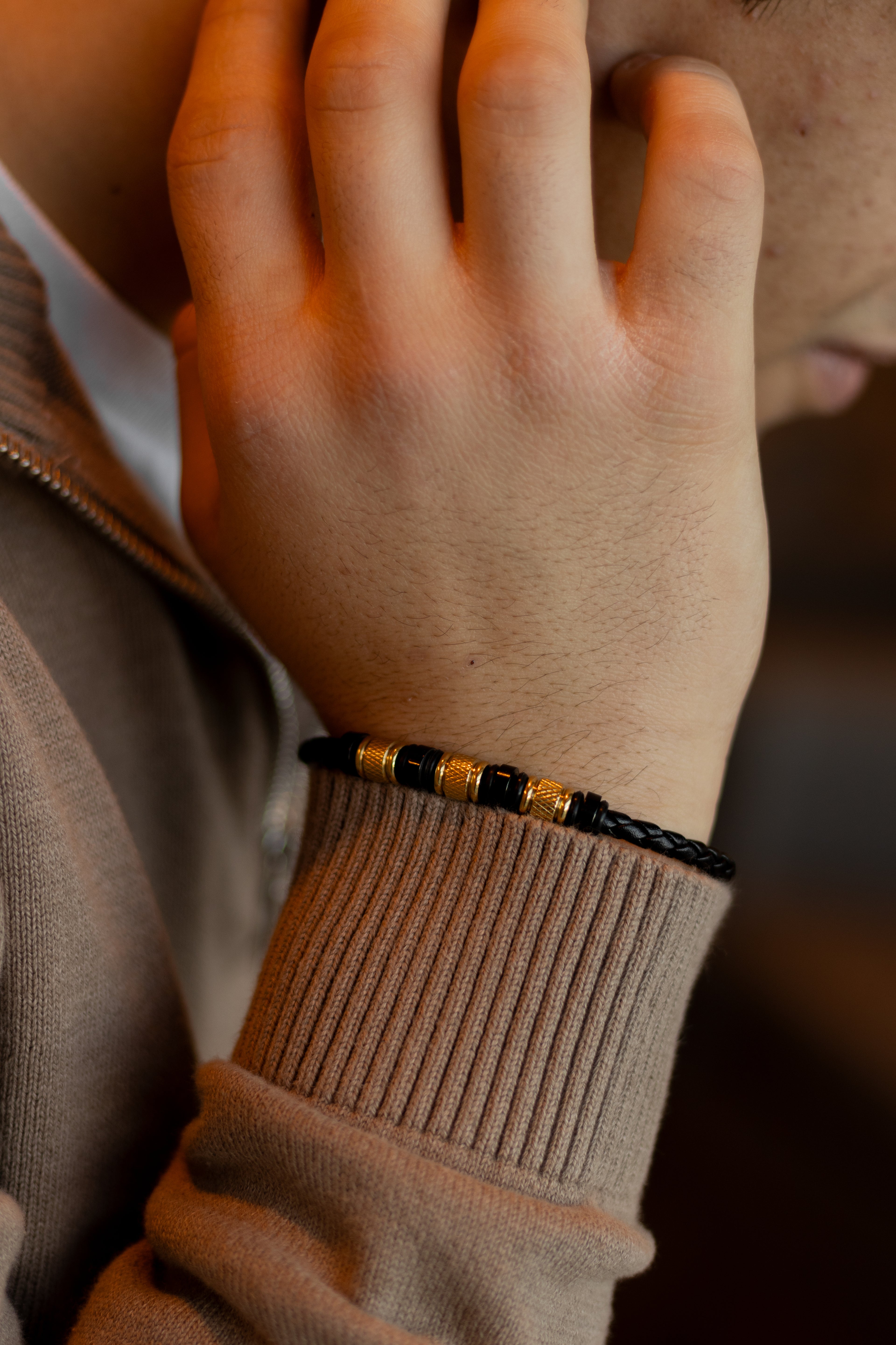 Men’s Black Leather Bracelet with Gold-Tone Stainless Steel Accents and Black Beads, 21 cm