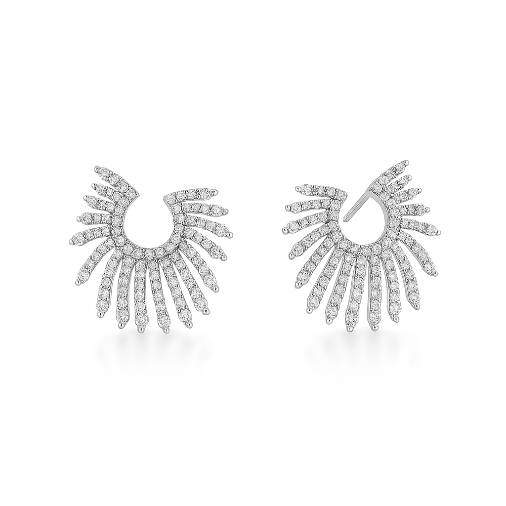 Gold Plated CZ Fan Stud Earrings, Sterling Silver Post, 2 cm