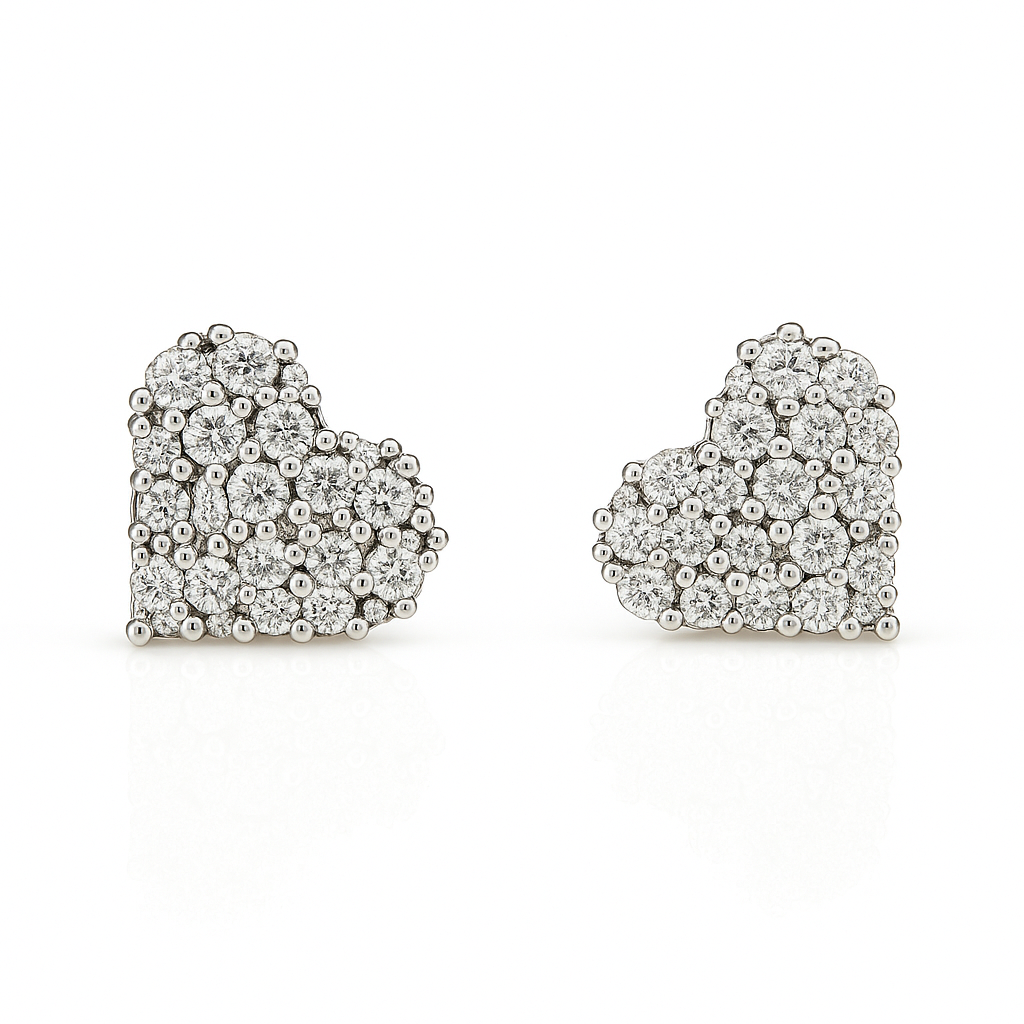 Rhodium Plated Heart-Shaped Stud Earrings with CZ Stones