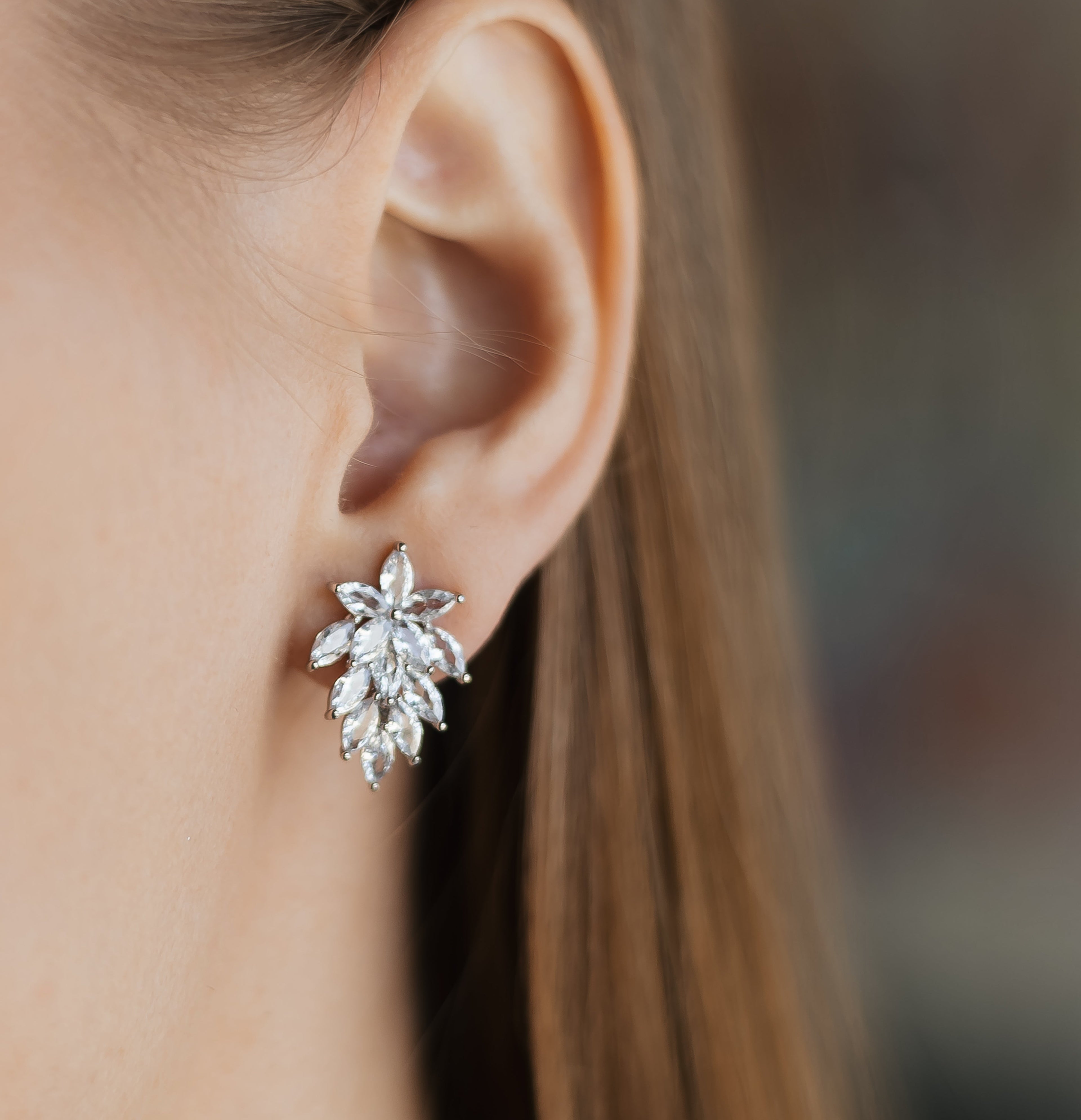 Elegant Leaf CZ Clip-On Earrings Rhodium Plated