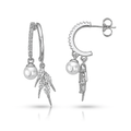 Rhodium Plated Drop Earrings with CZ & Pearl – 3.5 cm, Hypoallergenic