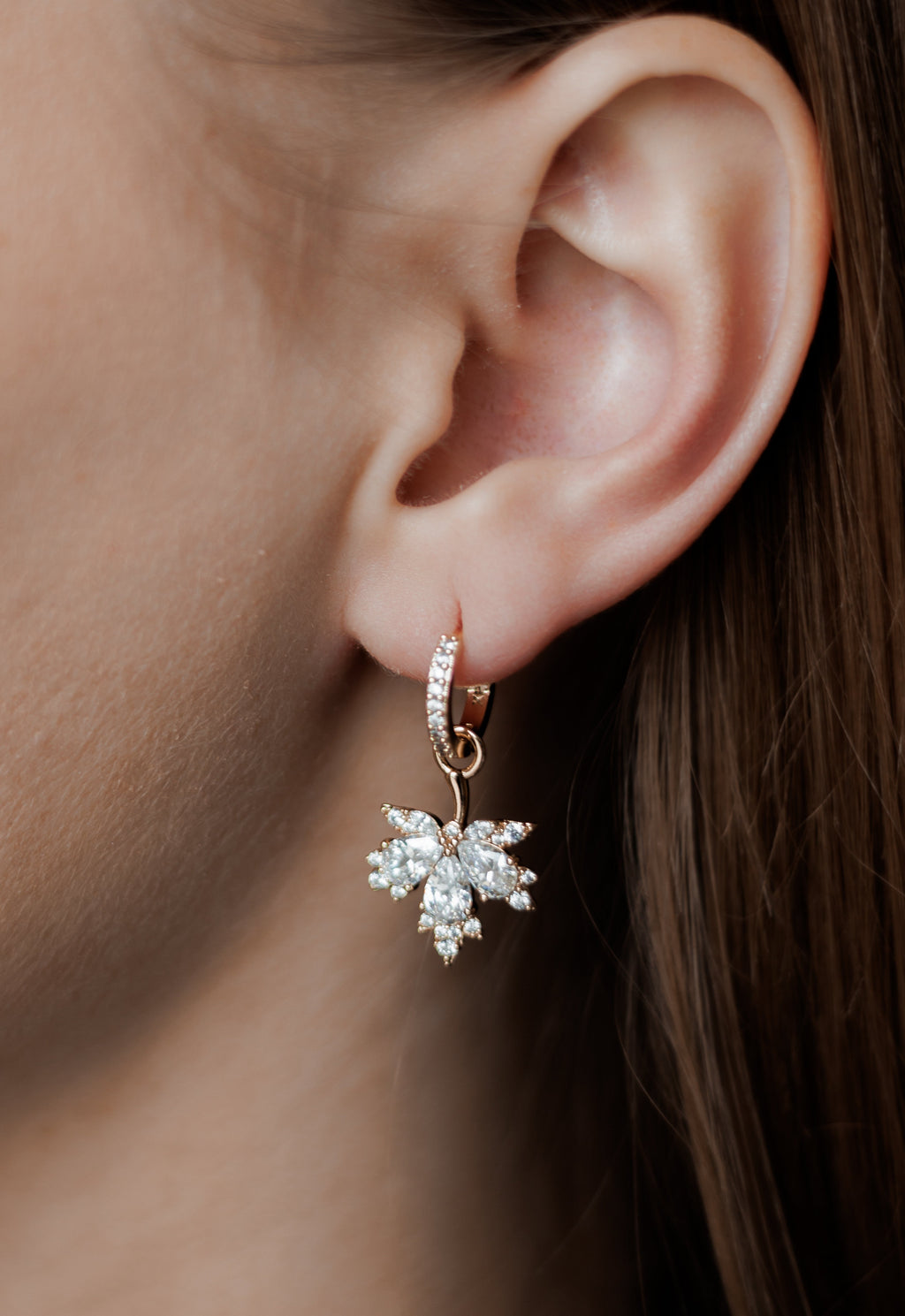 Gold Plated Maple Leaf Hoop Earrings with CZ Stones