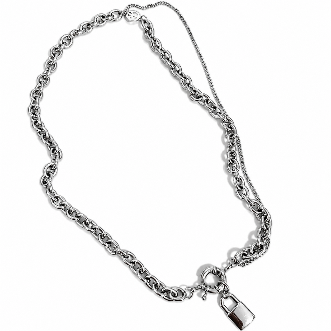 White Gold Plated Lock Pendant Chain Necklace – Hypoallergenic Chunky Link Necklace 45 cm / 17.7”