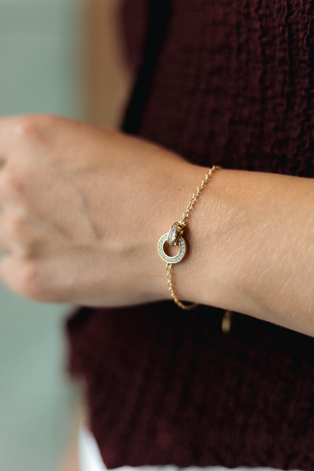 Sedy Jewelry Gold Plated Double Circle Bracelet with CZ Stones, Adjustable 16+5 cm