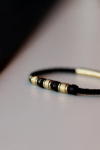 Men’s Black Leather Bracelet with Gold-Tone Stainless Steel Accents and Black Beads, 21 cm