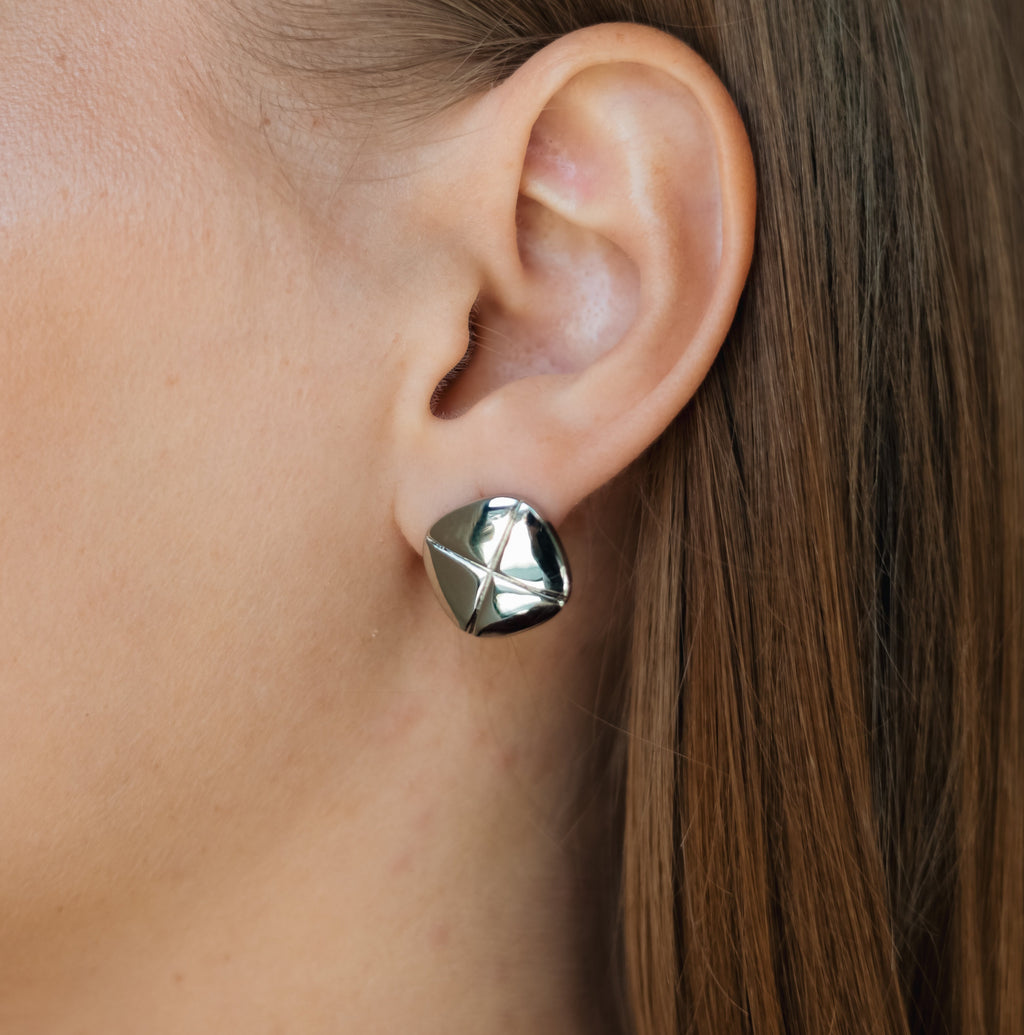 Square Stud Earrings, Gold or White Gold Plated, 1.5 cm