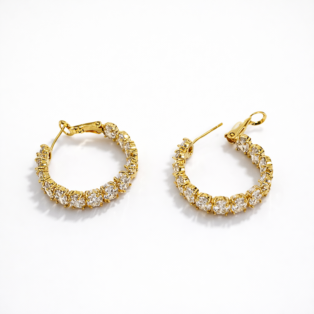 Gold Plated CZ Hoop Earrings, Sterling Silver Post, 2.5 cm