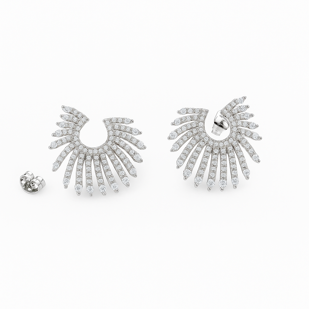 Gold Plated CZ Fan Stud Earrings, Sterling Silver Post, 2 cm