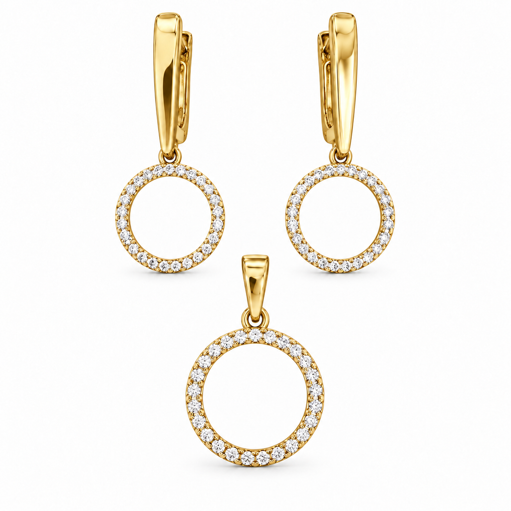 White & Gold Plated Circle CZ Jewelry Set – Leverback Earrings & Pendant